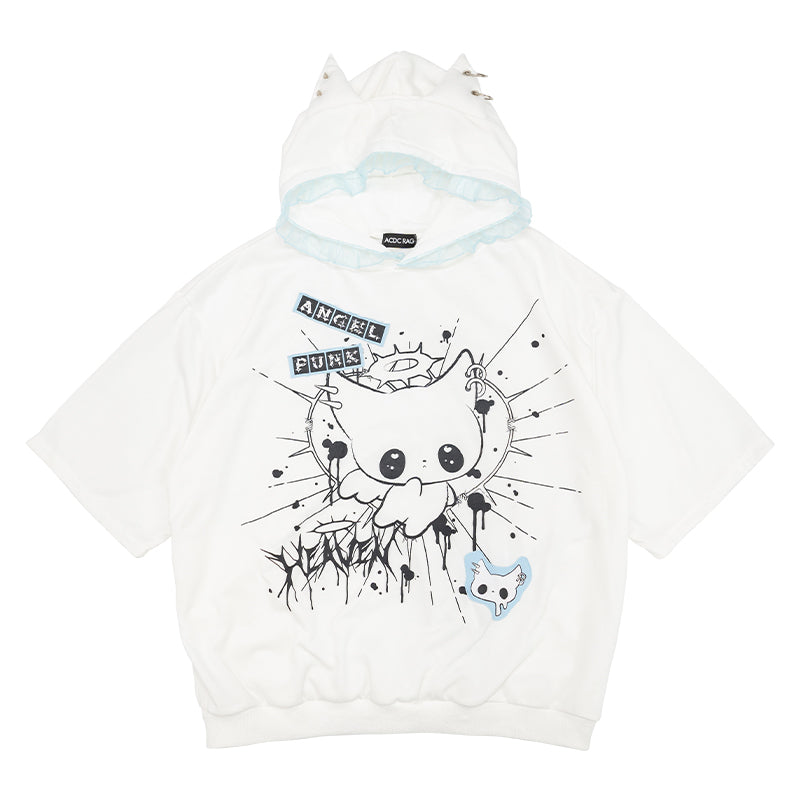 ACDC RAG 엔젤 & 데빌 펑크 반팔 후드 · WHITE/PASTEL BLUE · ONE SIZE